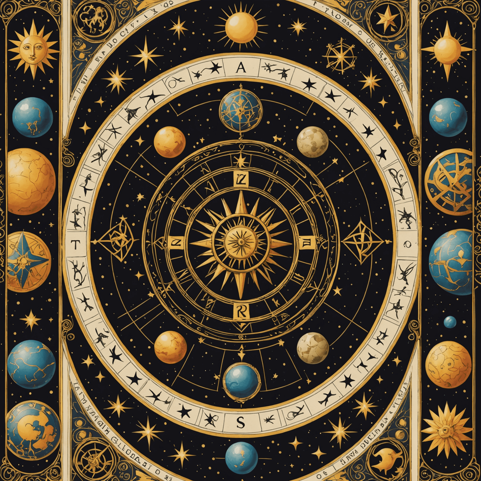 Eine Illustration, die zeigt, wie Tarotkarten und astrologische Symbole sich in einem harmonischen Muster überschneiden